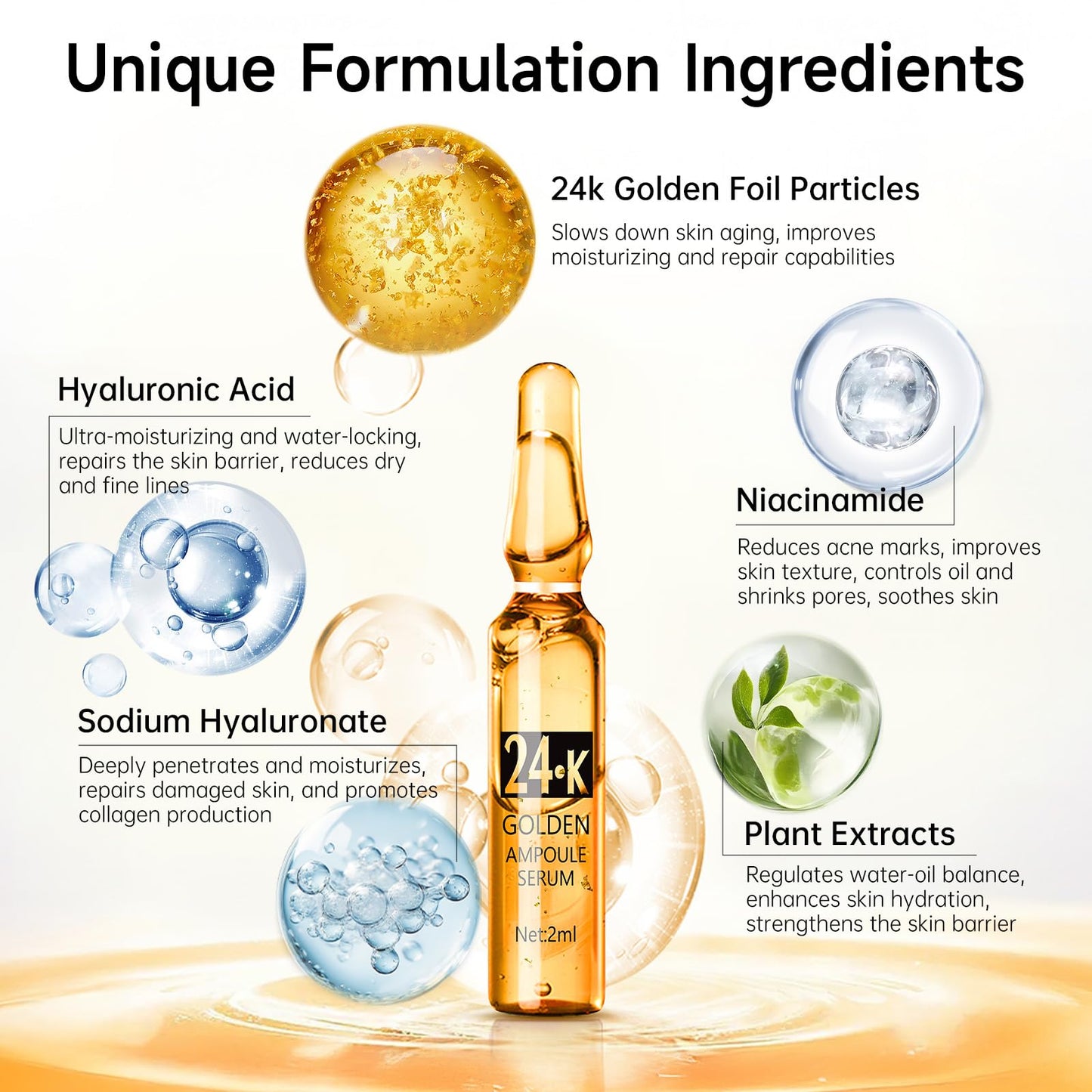 24K Gold Serum Ampoule, Anti Aging 24K Gold Serum for Face, Moisturizes & Soothes Skin, Boosts Firmness & Hydration, Golden Foil Particles Reduces Fine Lines, Wrinkles, Dryness, 3 Boxes of 21