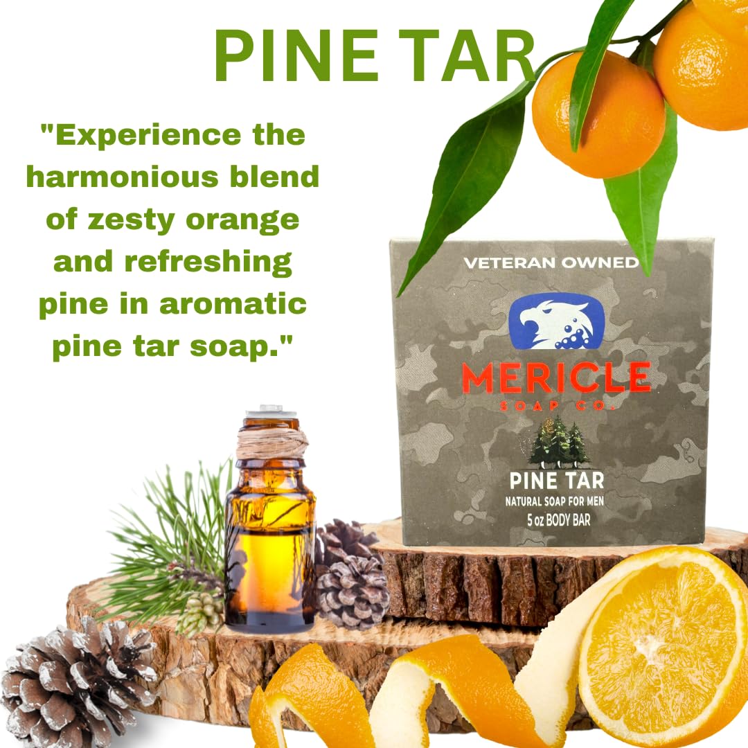 Mericle Soap Co. Pine Tar Organic 5oz Body Bar | Veteran Owned | Traditional Cold Process Technology | 100% Natural Ingredients | No Harsh Chemicals | Exfoliating | Made in the USA - Pack of 3