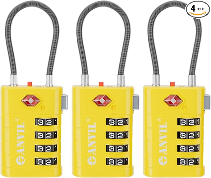 ANVIL 4 Digit Luggage Locks, TSA Locks for Luggage, Advanced TSA008 core, Alert Indicator for Your Travel Lock, Suitcase Lock. (3, Yellow)