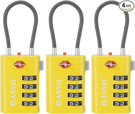 ANVIL 4 Digit Luggage Locks, TSA Locks for Luggage, Advanced TSA008 core, Alert Indicator for Your Travel Lock, Suitcase Lock. (3, Yellow)