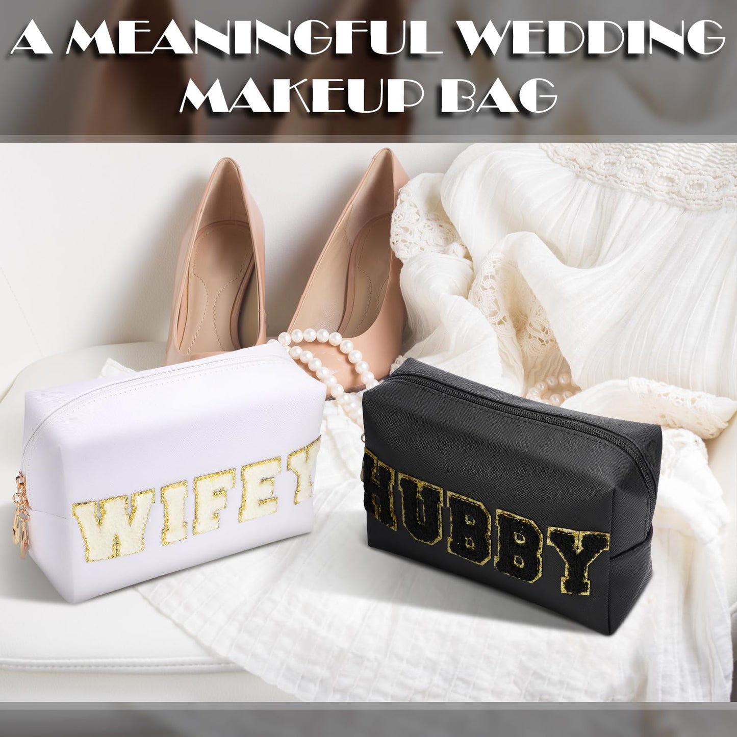 Pinkunn 2 Pcs Wifey Hubby Makeup Bag Bride Patch Cosmetic Bag Mrs Travel Toiletry Purse White Letter PU Leather Waterproof Pouch Wedding Bridal Shower Honeymoon Gift for Women Party Organizer