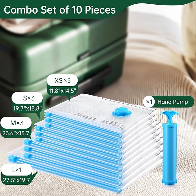BRODI Travel Vacuum Bags With Pump - Compression Storage Bags for Space Saving & Luggage Essentials (10 Combo Pack)