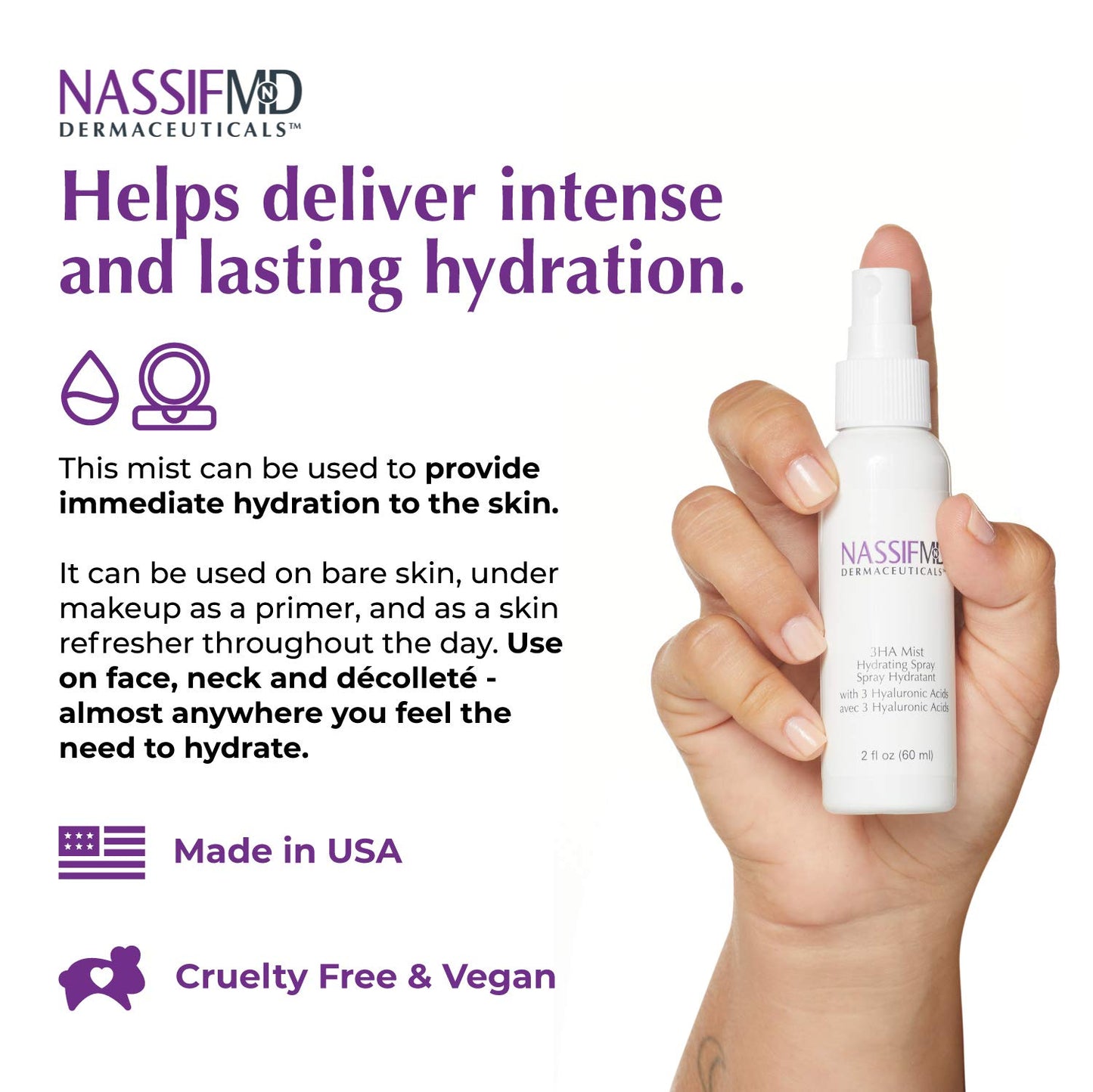 NassifMD 3HA Instant Hydrating Facial Mist - Contains 3 Types of Hyaluronic Acid to Keep Your Face Refreshed and Hydrated, Decreases Look of Skin Puffiness, Dark Circles and Fine Lines (2 fl oz)