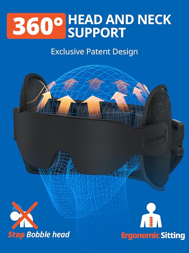 Upgraded Travel Pillow, U-Shaped Airplane Head Strap for All Heights, 360° Support, 3D Sleep Mask, 100% Light Blocking, Long Flights Essentials Headrest, Stop Bobblehead, Grey