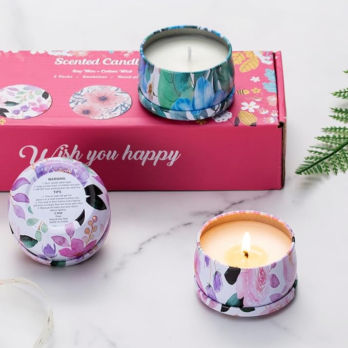 Hausware 3 Pack Scented Candles, 2.5 oz Aromatherapy Candles with Floral Scents,Soy Candles Set with 72H Burning Time,Ideal Gift for Women(Magnolia+Jasmine+Rose)