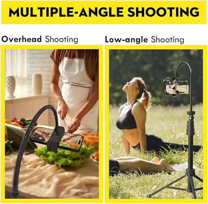 Aureday 88’’ Flexible Phone Tripod with 14.95’’ Gooseneck, Remote and Phone Holder, Overhead Cell Phone Stand＆Selfie Stick for Video Recording, Compatible with iPhone Android Phone, Camera