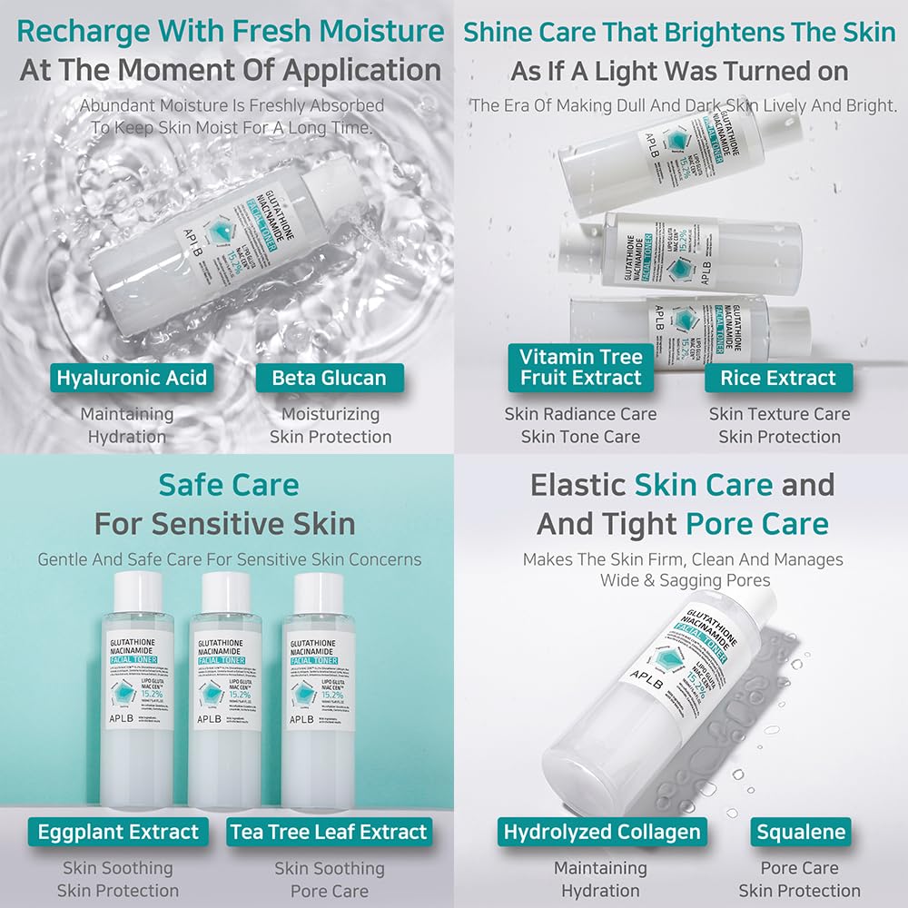APLB Glutathione Niacinamide Facial Toner | LIPO GLUTA NIAC CEN™ 15.2% 5.41 FL.OZ/Korean Skincare, Replenishing Moisture, Revitalize for Gentle and Improve Skin Texture Through Niacinamide
