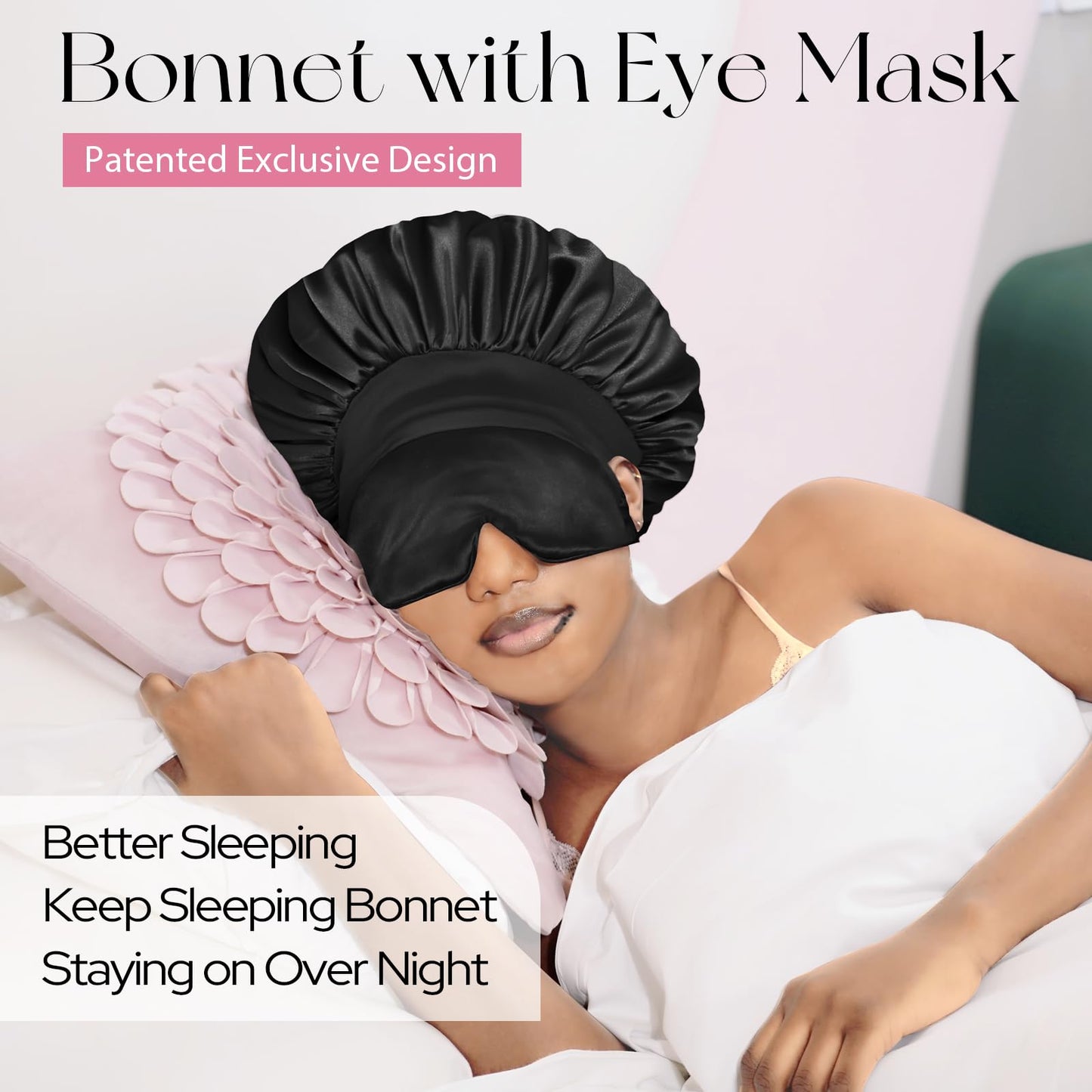 BONNET QUEEN Silk Bonnet for Sleeping Women Satin Bonnet with Eye Mask Non Slip Hair Wrap for Curly Hair Night Sleep Cap Black