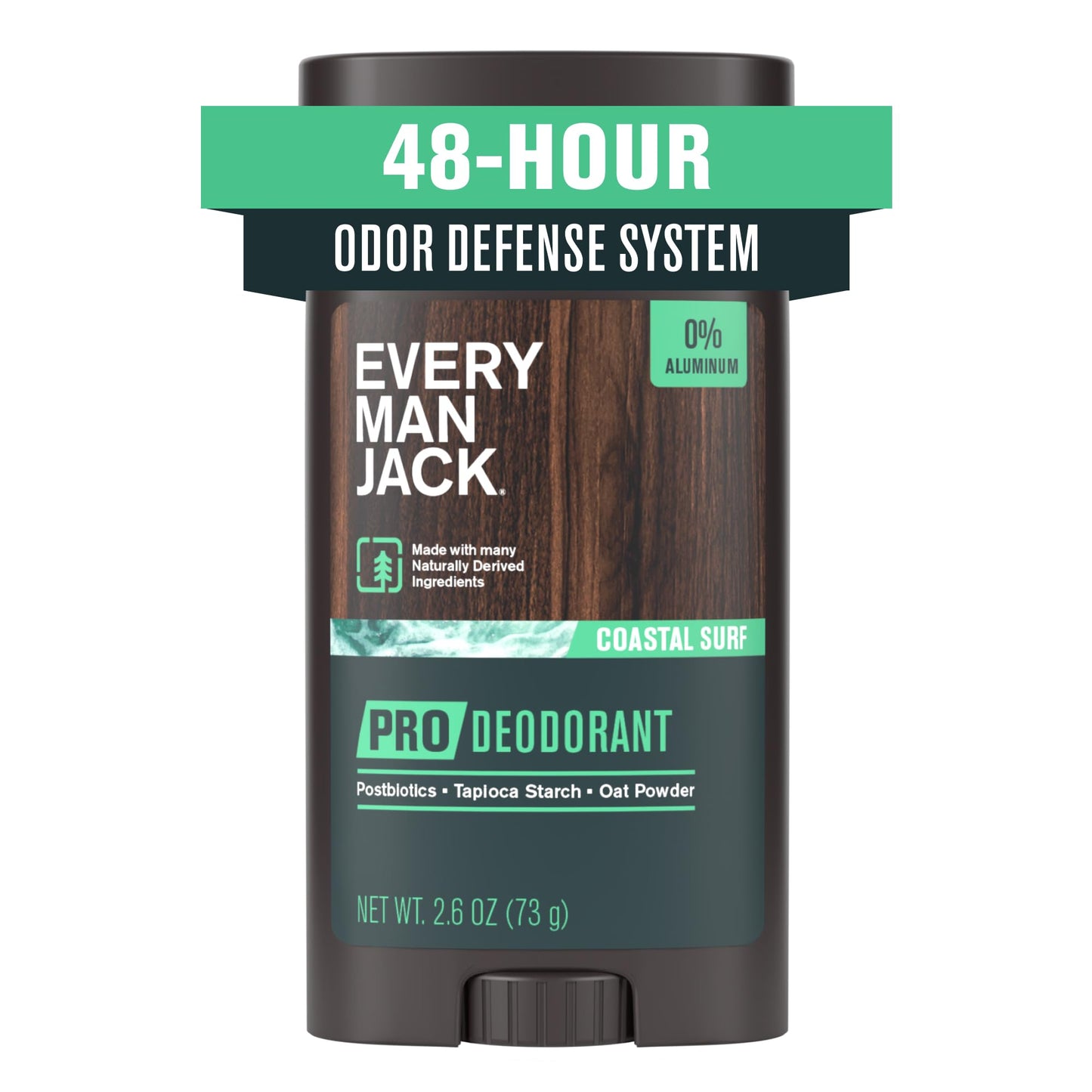 Every Man Jack Men's Pro Deodorant - 48-Hour Odor Defense Blend - Aluminum Free - Contains Postbiotics, Tapioca Stach & Oat Powder - Coastal Surf Scent - 2.6 oz (1 Pack)