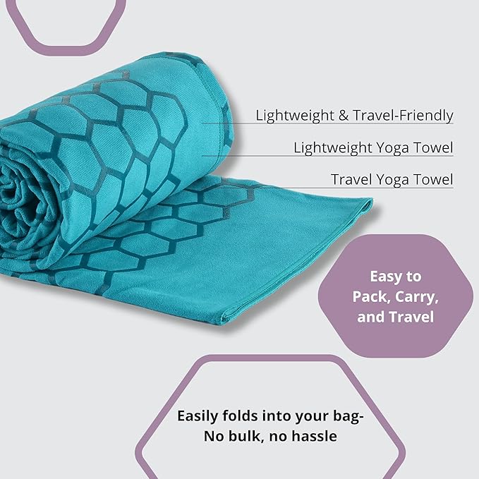 Clever Yoga Non-Slip Hot Yoga Towel – Non-Slip Grip for Hot Yoga, Sweat Absorbent, Honeycomb Silicone Grip, Stays Flat – Ideal for Pilates, Travel, Washable & Lightweight - Turquoise
