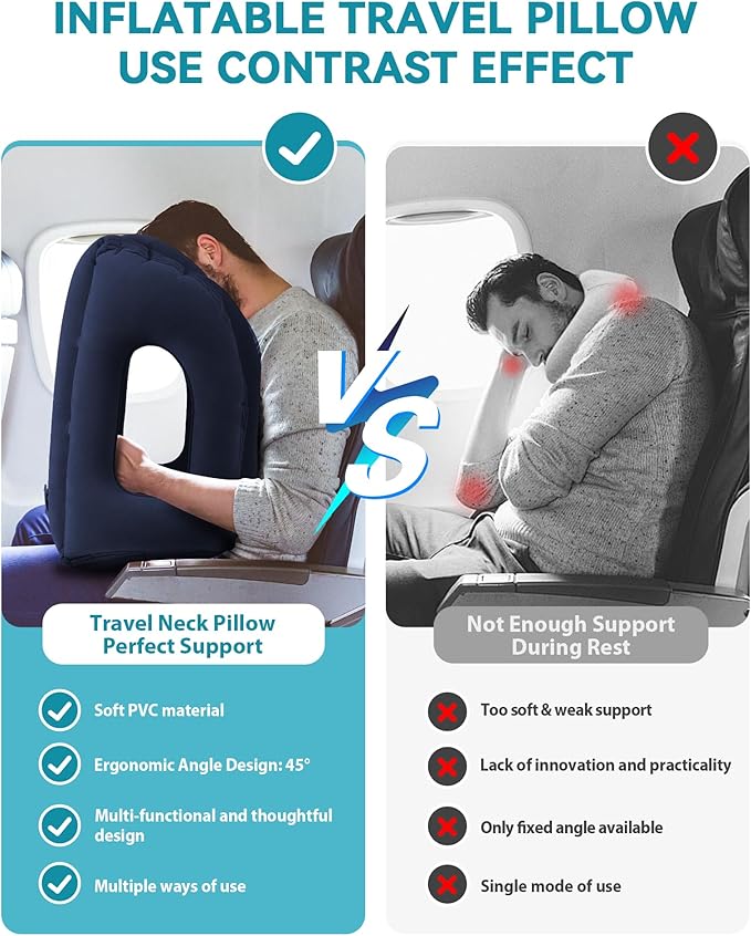 Travel Pillow,Inflatable Airplane Pillow for Sleeping Comfortably Supports Head and Chin for Airplane,Car,Bus and Office