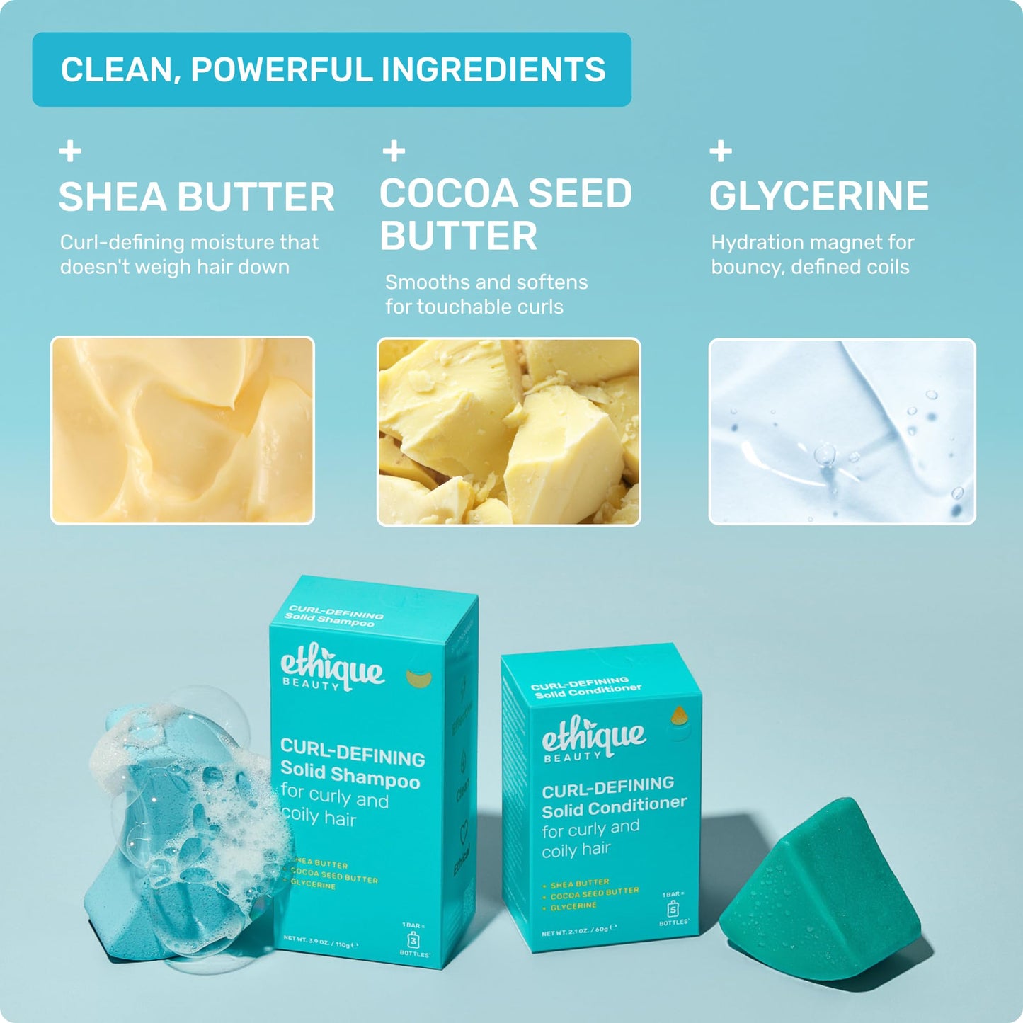 Ethique Beauty Curl-Defining Shampoo & Conditioner Bar Set for Thick, Curly Hair with Shea Butter