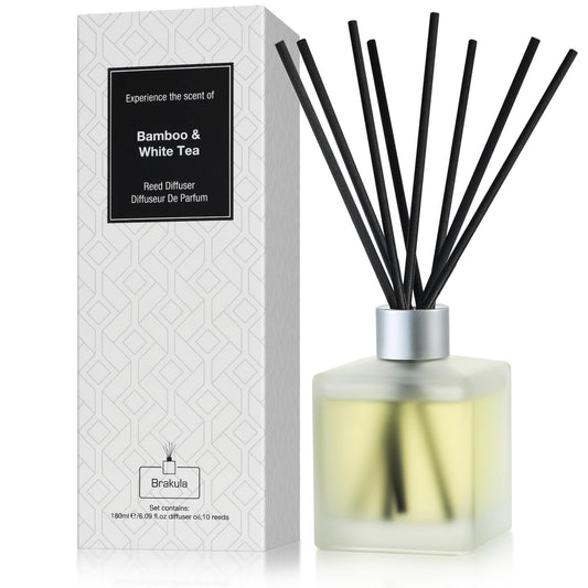 Brakula Reed Diffusers Set - Bamboo & White Tea Scented Aromatic Oil Diffuser with 10 Sticks for Room Décor, 6.1 oz /180ml, Long-Lasting Fragrance