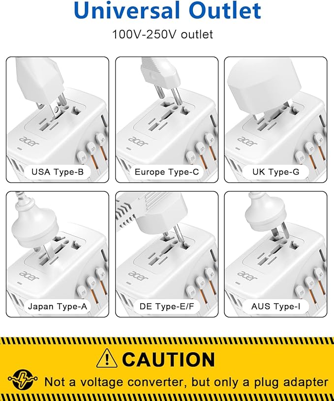 Acer Universal Travel Plug Adapter - International Power Adapter with 5 USB Ports (3 USB C) 5.8A, Worldwide Outlet Charger for USA to European UK France Germany Spain, Type C/E/F/G/I/L/A, White