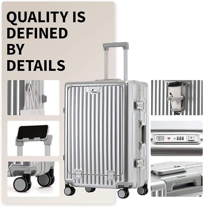 26 Inch Zipperless Checked Travel Luggage with Spinner Wheels,Aluminum Frame Hard Shell Front Pocket Suitcase with Compartment TSA Approved USB Port,Cup & Phone Holder for Women Men,Silver