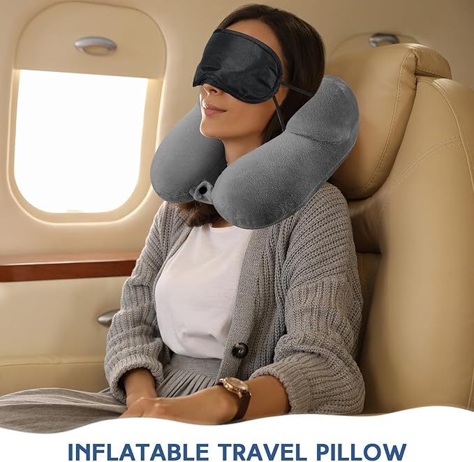Sintuff 4 Sets Inflatable Travel Pillows for Airplanes with Compact Bag and Blindfold Velvet Inflatable Neck Pillow for Traveling Head Support U Shaped Flight, 12 x 12 x 5.5 Inch (Assorted Colors)