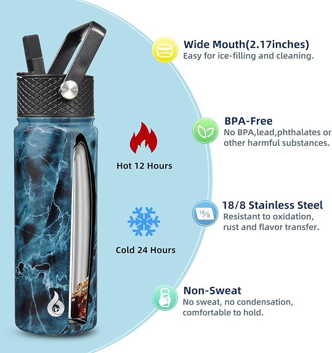 BJPKPK Insulated Water Bottles with Straw Lid, 22oz Cold & Hot Thermo, Stainless Steel Metal Water Bottle with 3 Lids, Reusable Thermo, Cups, Mugs for Daily Use-Ocean