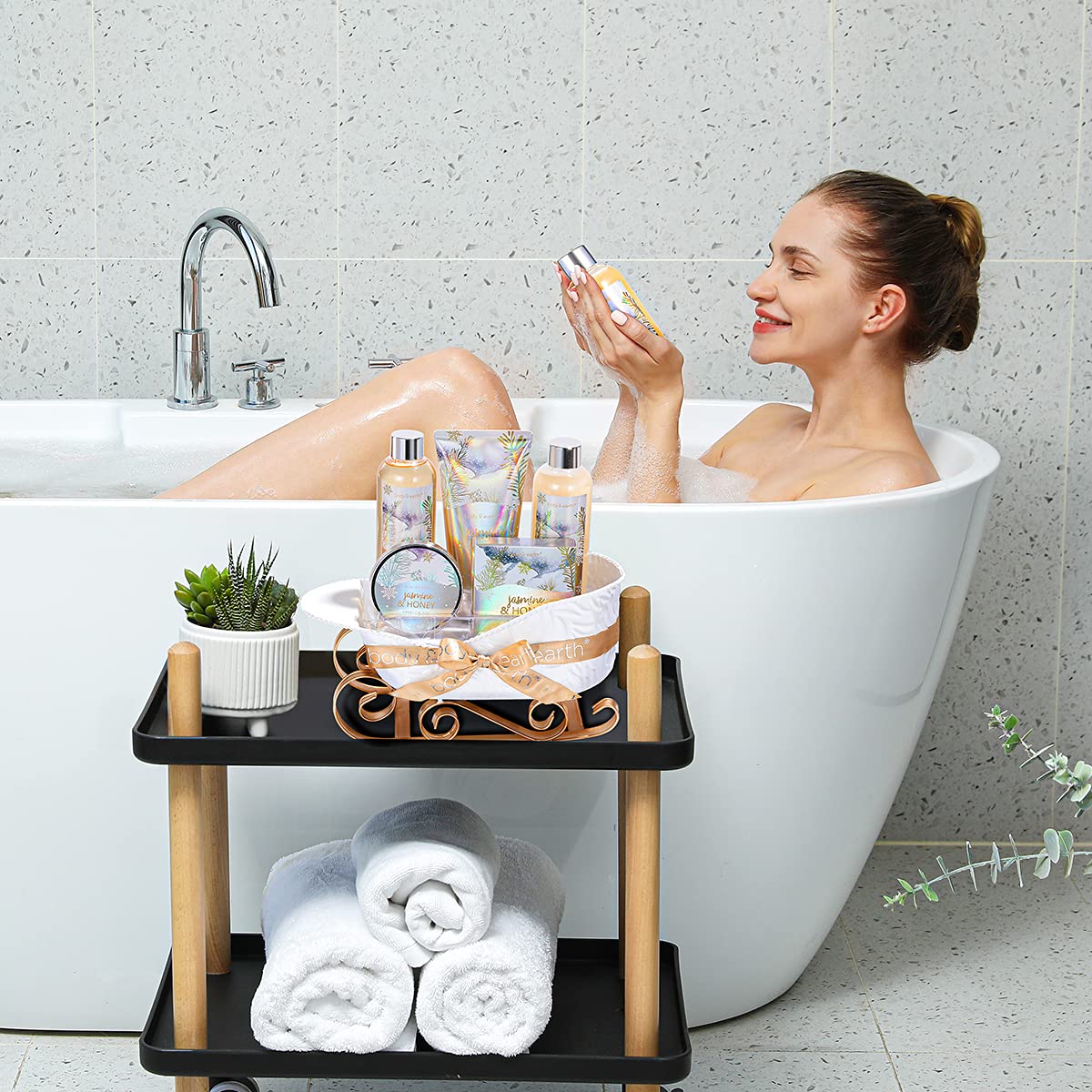Gift Baskets for Women, Body & Earth Gift Set with Jasmine & Honey Scent Includes Bubble Bath, Hand Cream, Holiday Gift Baskets, Bath and Body Gift Sets for Women, Happy New Year Gifts