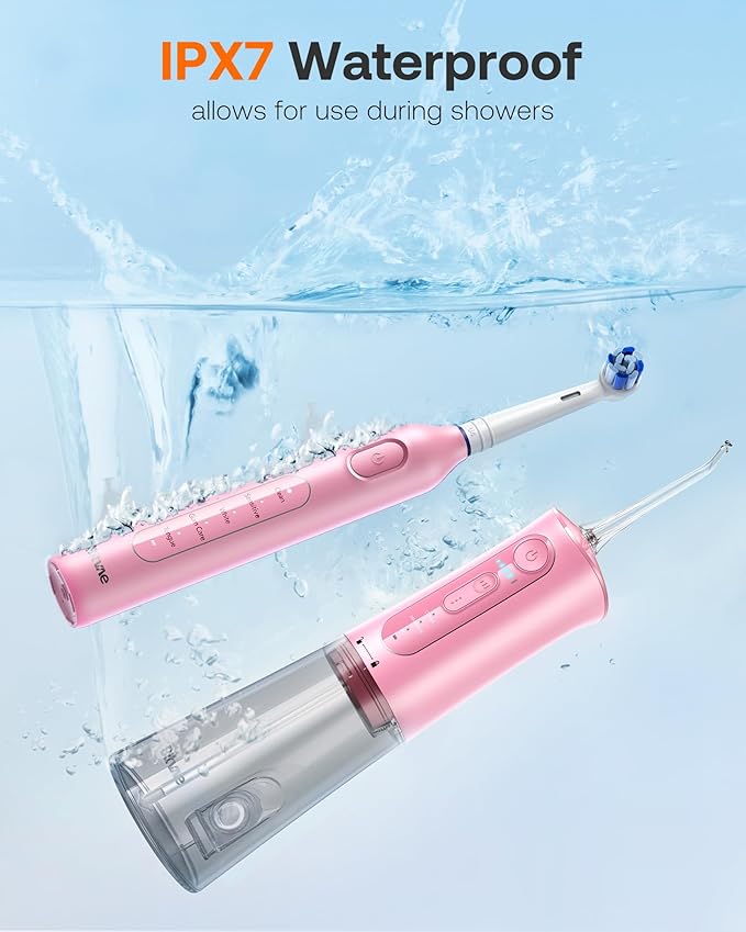 Bitvae Water Dental Flosser Teeth Picks, Cordless Water Flosser for Teeth, Braces, Dental Care and Rechargeable Rotary Electric Toothbrush Combo Set, 4 Tips, 4 Brush Heads, Waterproof, Pink, C5+R1