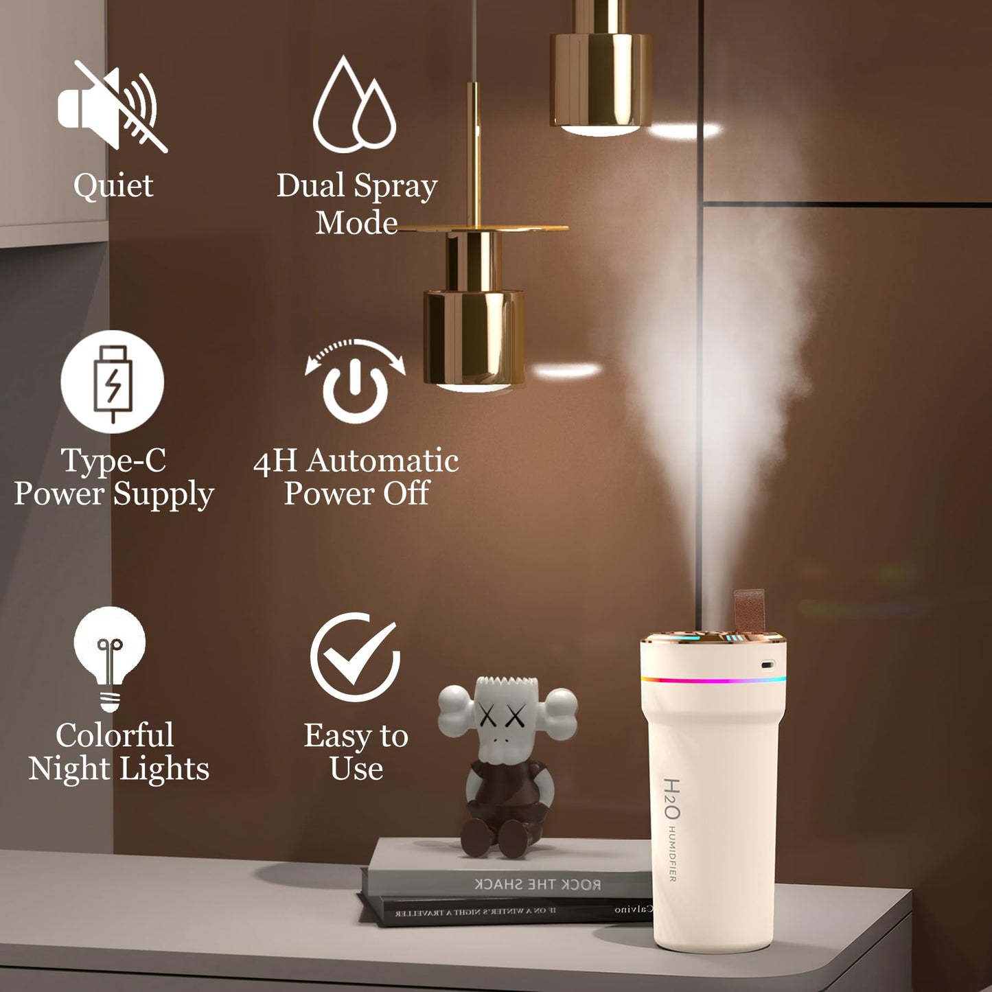 Car Diffuser Humidifier with Night Lights Portable 300mL USB Powered Cool Mist Auto Shut-Off Quiet Perfect for Car Home Office Bedroom (Beige)