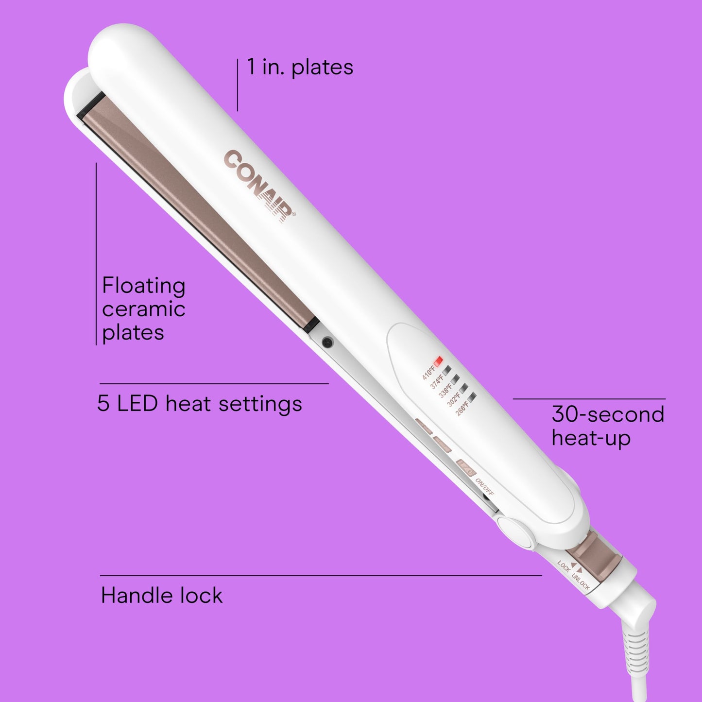Conair Double Ceramic Flat Iron, 1-Inch Flat Iron Hair Straightener, Five Heat Settings, Extra Long Floating Plates, White