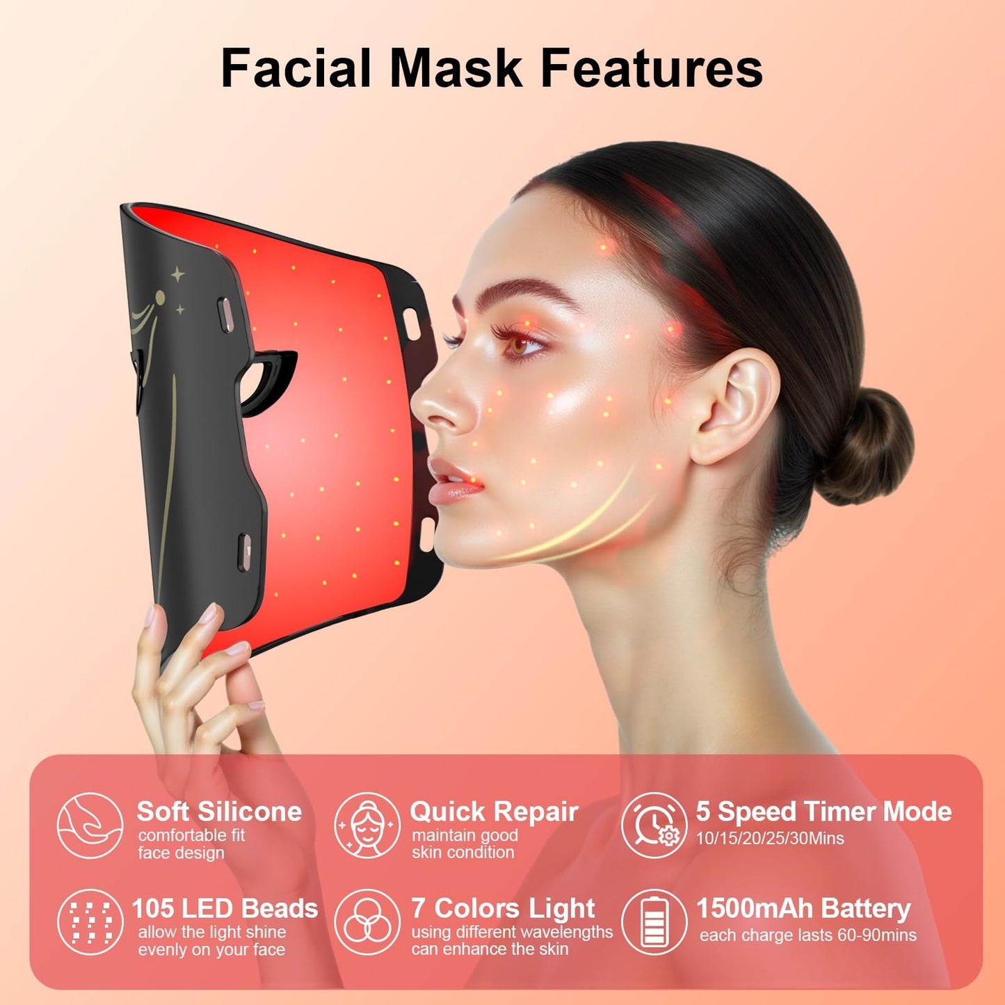 BNU Red Light Therapy for Face, 7 Modes Light Therapy Portable Led Face Mask with 105 LED Beads, 1500mAh Remote Control, Timing Function, 850NM Infrared Red Light Therapy at Home