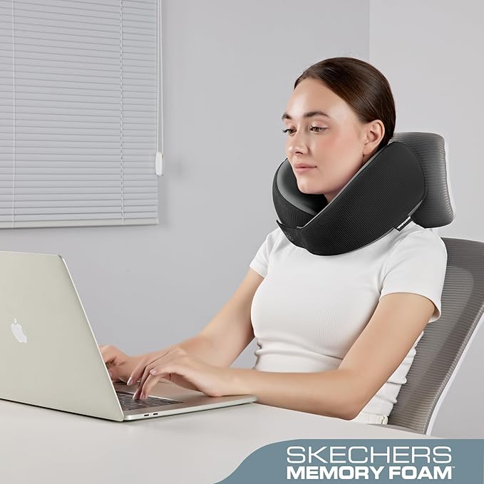 Skechers Memory Foam Neck Pillow, Comfortable & Breathable Travel Pillow,Neck Pillow Airplane for Travel, Car Rides, Home, and Office Use, Ergonomic Design for Men and Women,Black