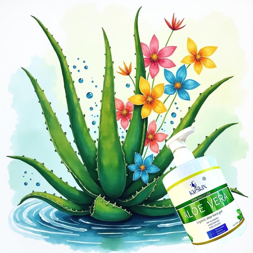 kisskin Organic Aloe Vera Gel, 100% Pure Soothing Moisturizer And Hydrating Gel, Fast Absorbing, For Face,Body,Hair,Skin,Scalp And Sunburn Relief, No Alcohol, Big 500ML Pump Bottle.