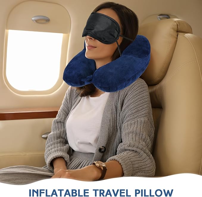 Sintuff 2 Pack Inflatable Travel Pillow for Airplanes Inflatable Neck Flight Pillows with Compact Bag and Blindfold for Traveling, Airplane, Train, Car, Office (Blue and Dark Gray)