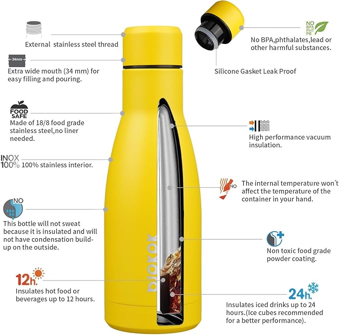 BJPKPK 12oz Water Bottles Stainless Steel Double Wall Vacuum Insulated Small Water Bottles for Travel,Yellow