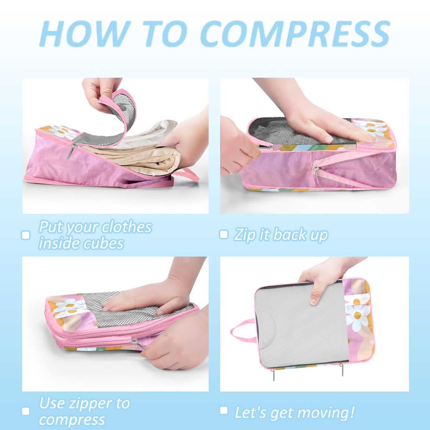 7 Piece Compression Packing Cubes Set - Boho Rainbow Flowers Ultra-Lightweight Travel Organizers with Reinforced Zippers for Luggage & Suitcases Compression Set (Durable Travel Accessories)