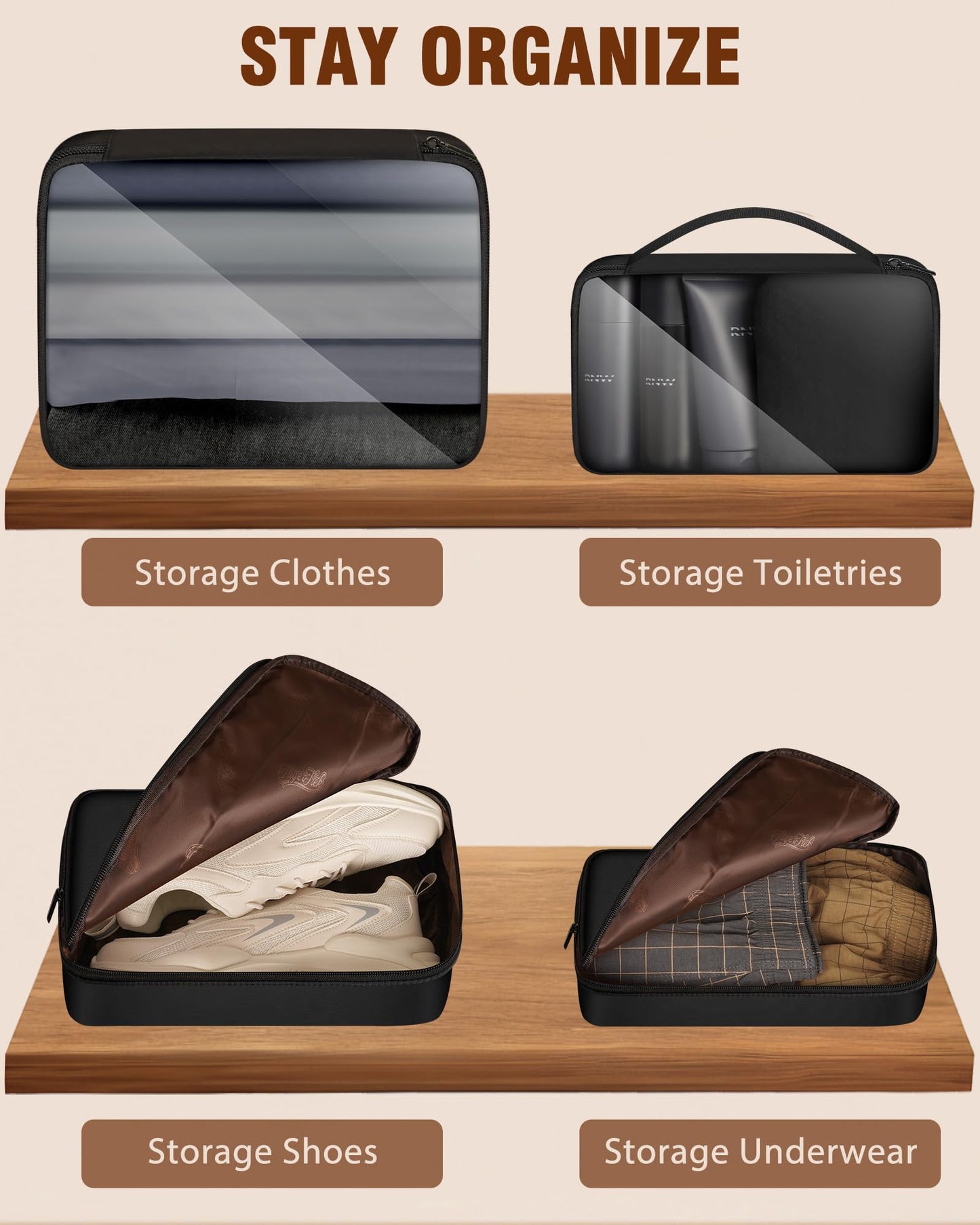 4 Set Packing Cubes, Suitcase Organizer Bags for Clothing, Toiletry, Shoe and Underwear, Durable Carry On Luggage Organizers with Zipper, Travel Essentials Accessories for Women and Men