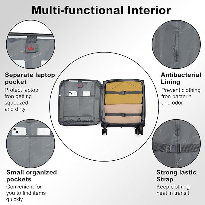 Kono 20 Inch Softside Carry On Luggage Airline Approved 20 Inch Spinner Wheels Lightweight Waterproof Suitcase with TSA Lock for Business Travel (Small, Navy Blue)