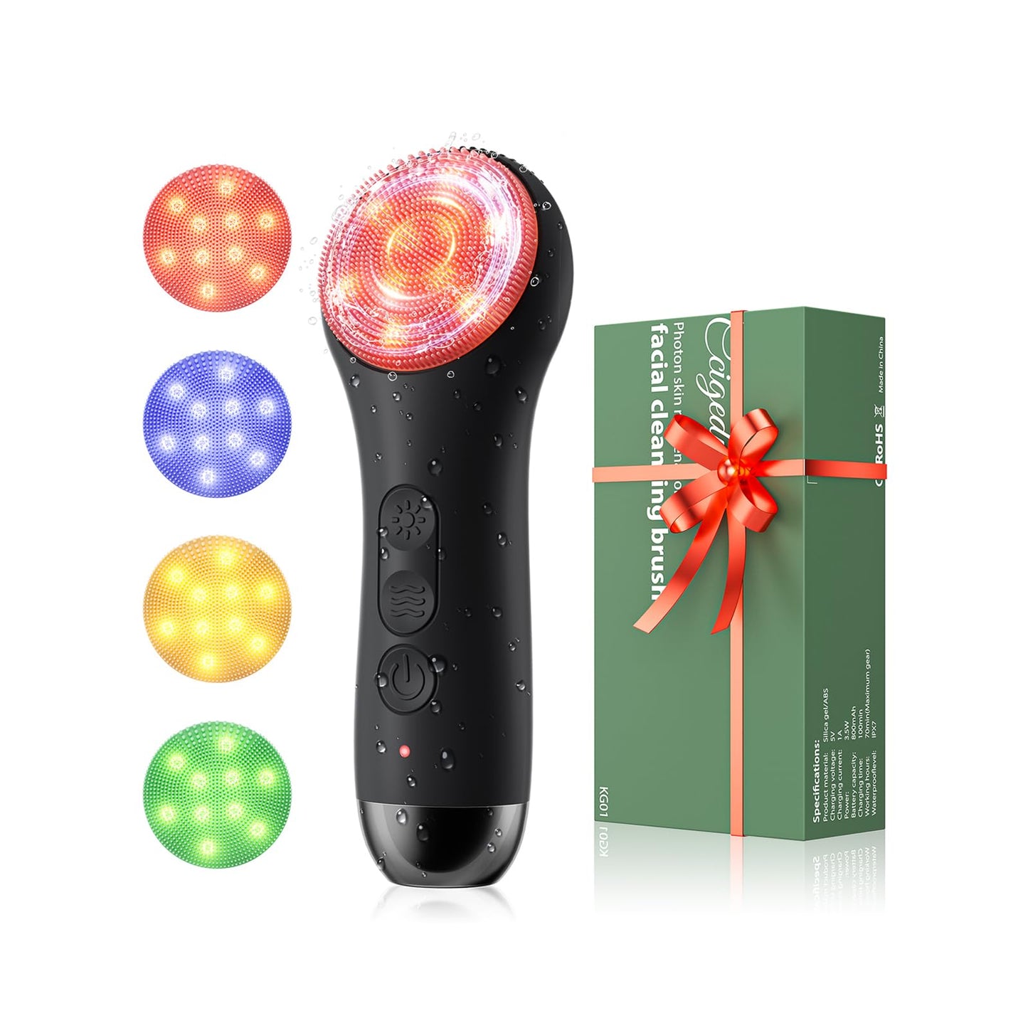 Ccigedy Facial Cleansing Brush Face Scrubber - Rechargeable Electric Face Cleansing Brush with 4 LED Gentle Light Liquid Silicone Modes Exfoliator,IPX7 Waterproof Ideal Gift for Men and Women-Black