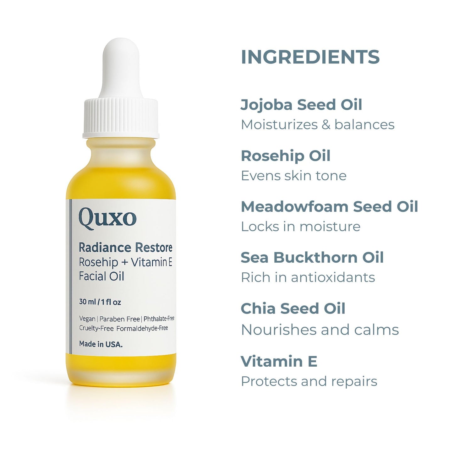 Quxo Radiance Restore Rosehip & Vitamin E Facial Oil for Face, Neck & Décolleté – Lightweight Nourishing Formula – Non-Greasy, Fast-Absorbing, Vegan, Fragrance-Free – 30ml