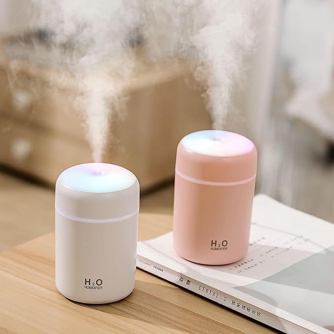 Portable Mini Humidifier, Colorful, Cool Mist, USB Powered. Perfect for Bedroom, Office & Car (300ml, Pink)