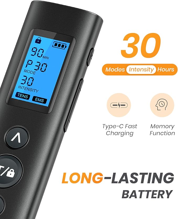 30 Modes TENS EMS Unit Compact Muscle Stimulator for Pain Relief of Back, Shoulder, Neck, Rechargeable & Portable Dual Channel EMS Muscle Stimulator with 30 Intensity Levels, 12 Electrode Pads