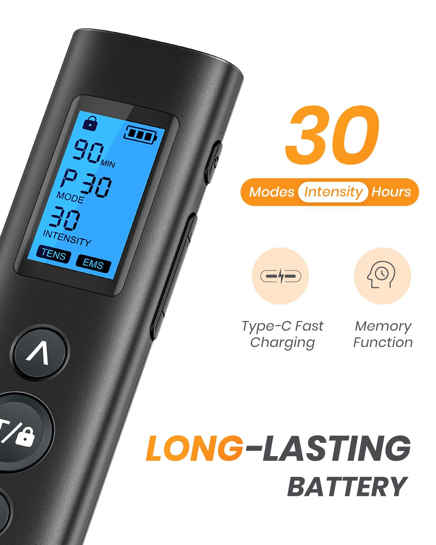 AVCOO 30 Modes TENS EMS Unit Compact Muscle Stimulator for Pain Relief of Back, Shoulder, Neck, Rechargeable & Portable Dual Channel EMS Muscle Stimulator with 30 Intensity Levels, 12 Electrode Pads