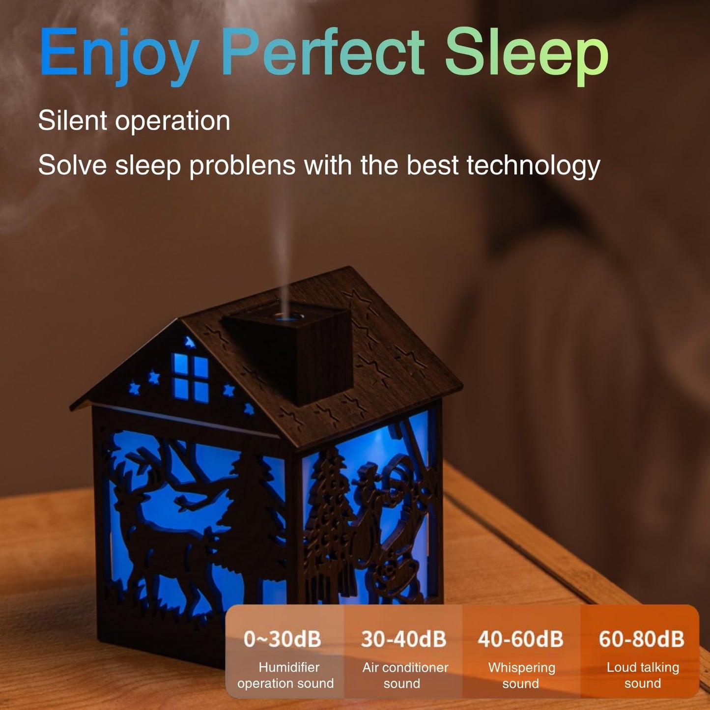 Colorful Cool Mini Humidifier, Cabin styling with Christmas theme，USB Personal Desktop Humidifier 2 Mist Modes, 7 colors,Super Quiet Perfect for Baby Bedroom, Office (Darkwood)