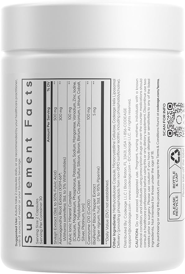 Codeage Liposomal Himalayan Shilajit+ Supplement - 500 mg Shilajit, KSM-66 Ashwagandha, CoQ10, Fulvic Ionic Minerals, Calcium, Magnesium, BioPerine - Liposomal Delivery - Non-GMO - 60 Capsules