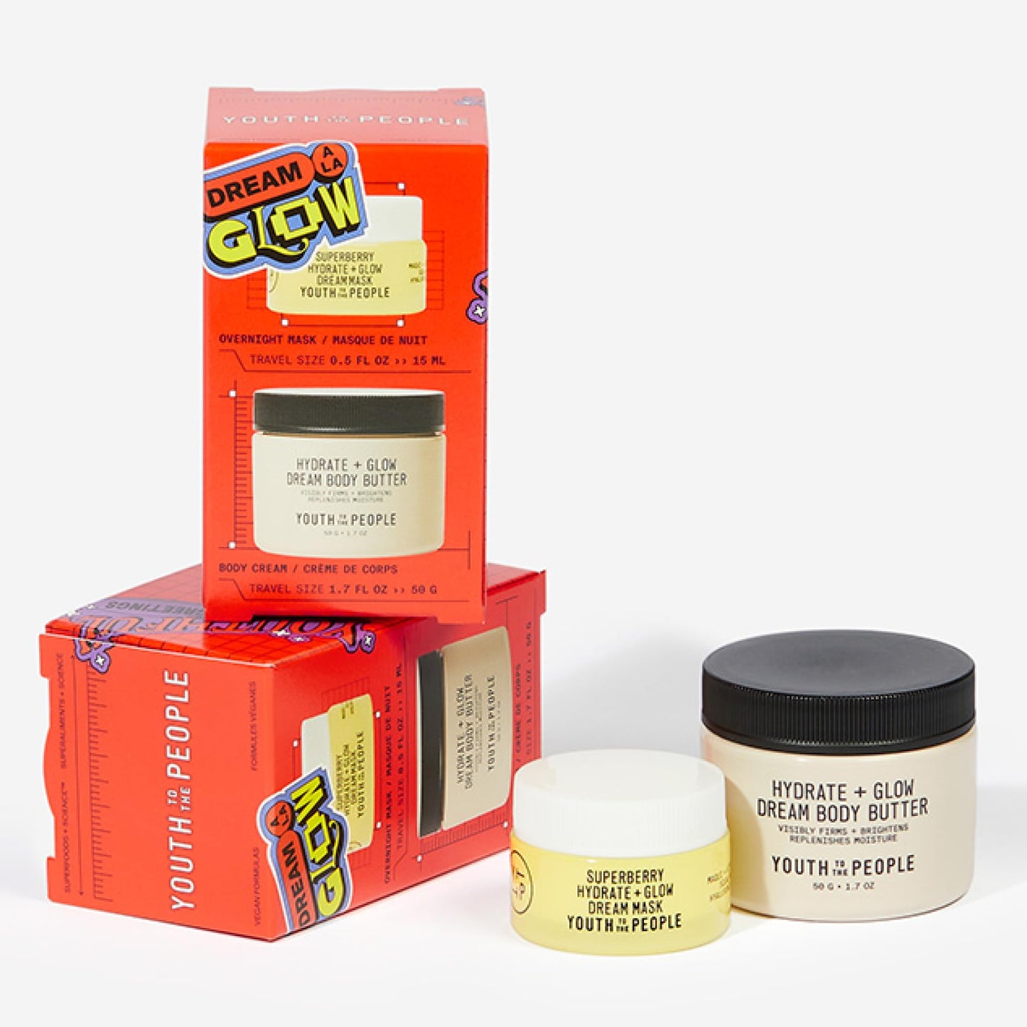 Youth To The People Dream A La Glow Set, 2-Pc Face + Body Hydration Giftset for Dry Skin ($40 Value), Mini Travel Moisturizers, with Superberry Dream Mask and Firming Body Butter