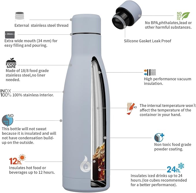 BJPKPK Insulated Water Bottle 17oz Stainless Steel Water Bottles Dishwasher Safe Metal Thermal Keep Cold and Hot,Mist Grey