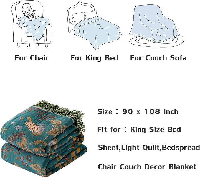 King Throw Blanket for Bed 100% Cotton Boho Ultra Soft Rustic Quilt Birds and Floral Double Embroider Fall King Bed Blanket,90"×108" All Season Blankets for Bedding Couch