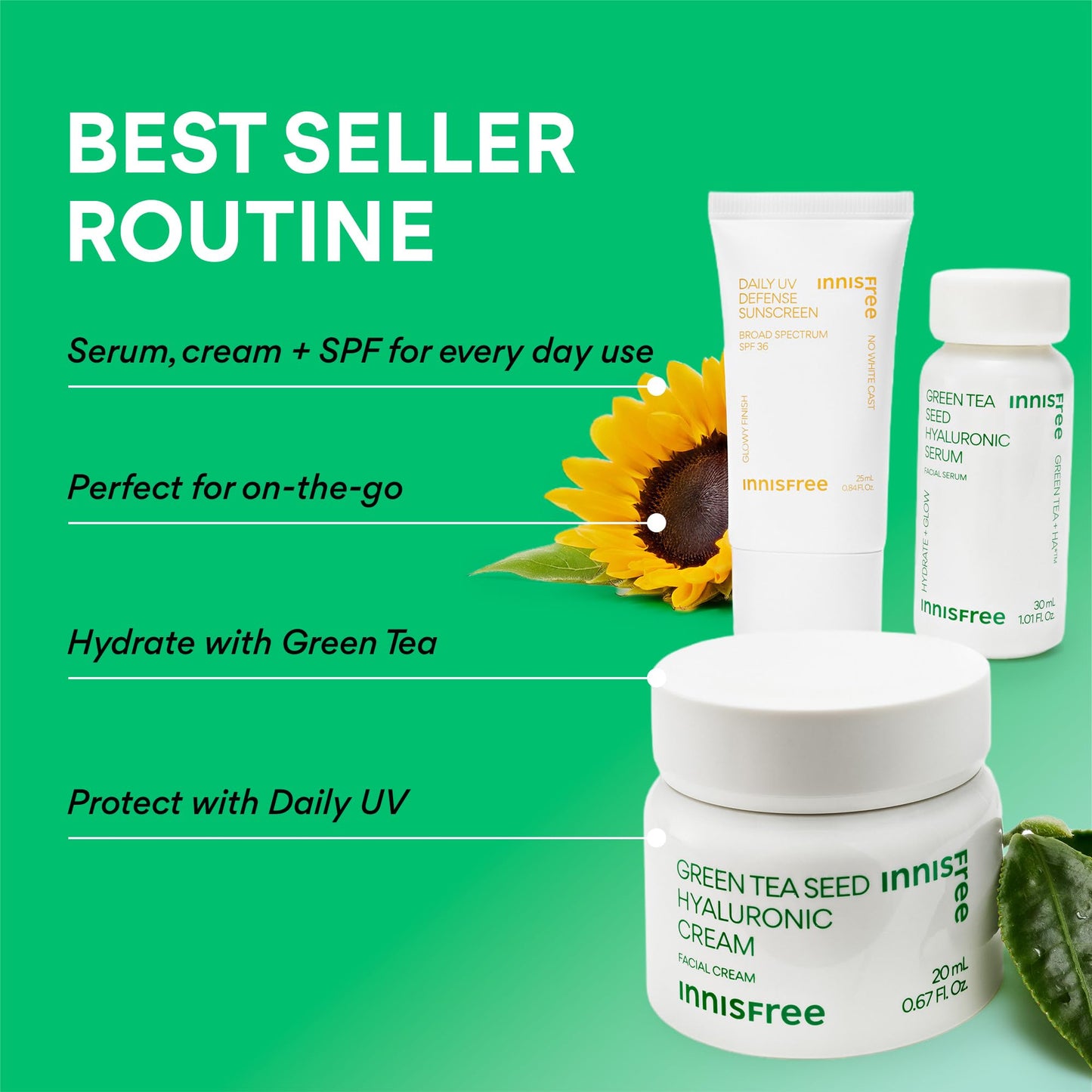 innisfree Hydrate & Protect Mini Set, Korean Serum, Cream & Sunscreen with Green Tea and Hyaluronic Acid, Travel Skincare Trio