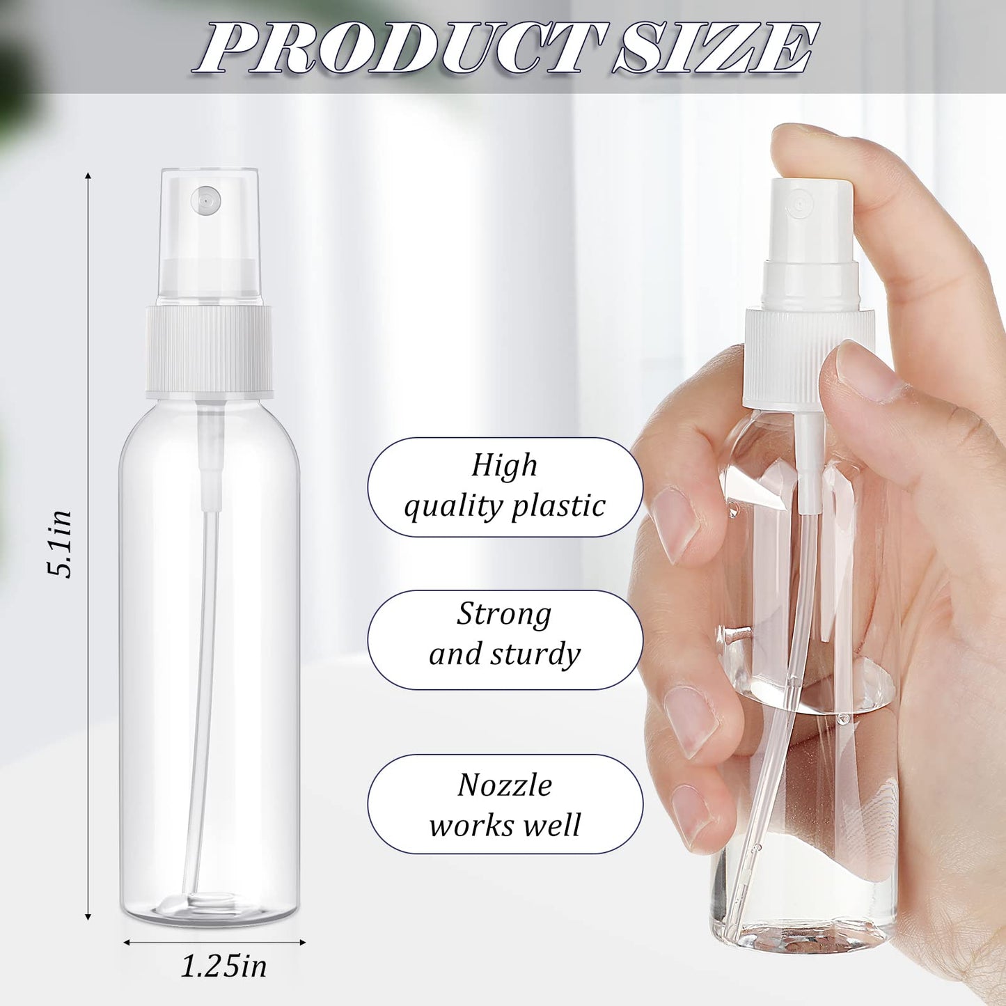 Nuogo 100 Pack 2 Oz Plastic Spray Bottles Reusable Mini Travel Size Perfume Refillable Mist Sprayer Empty Spritz Bottle for Household Use Essential Oil Cleaning(Clear)