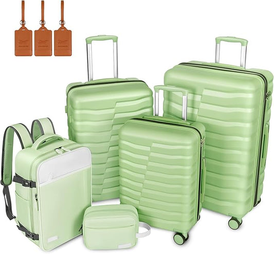 5-Piece Lightweight Luggage with Backpack Sets, ABS+PC Hard Shell Suitcase with TSA Lock & YKK Zipper (Avocado Green, 20in/24in/28in/BP/TB)