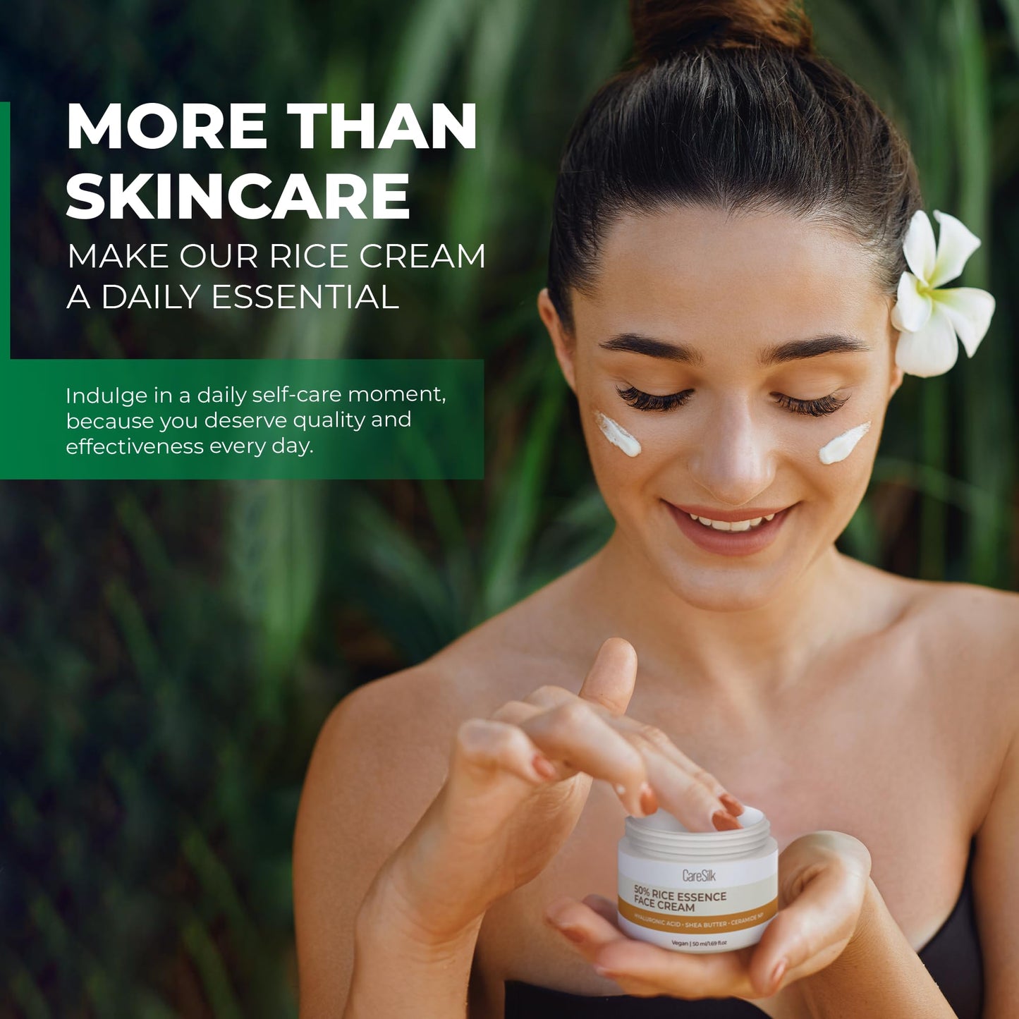 CARESILK Rice Cream for Face - Organic Rice Ceramide Moisturizing Cream with Hyaluronic Acid - Natural Rice Eye Cream - Vegan Facial Essence - Face Cream