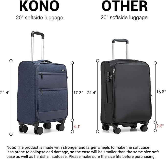 Kono 20 Inch Softside Carry On Luggage Airline Approved 20 Inch Spinner Wheels Lightweight Waterproof Suitcase with TSA Lock for Business Travel (Small, Navy Blue)