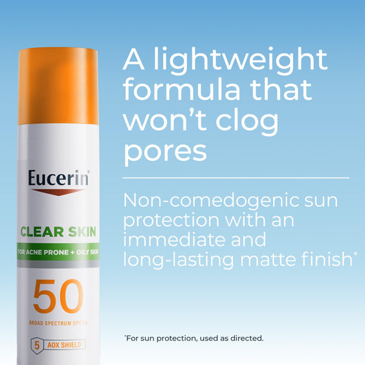 Eucerin Sun Clear Skin Face Sunscreen Lotion SPF 50 for Acne Prone Skin, Hypoallergenic, Fragrance Free Sunscreen SPF 50 with Oil-Absorbing Minerals, 2.5 Fl Oz Bottle