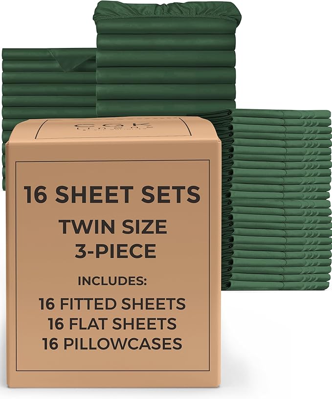 Bulk Case Pack of 16 Sheet Sets - (16) Complete Twin Size Sheet Sets with Deep Pockets - Wholesale Bulk Bedding for Hotels, Spas & Airbnbs - Breathable, Cooling & Wrinkle Free - (Twin, Emerald Green)
